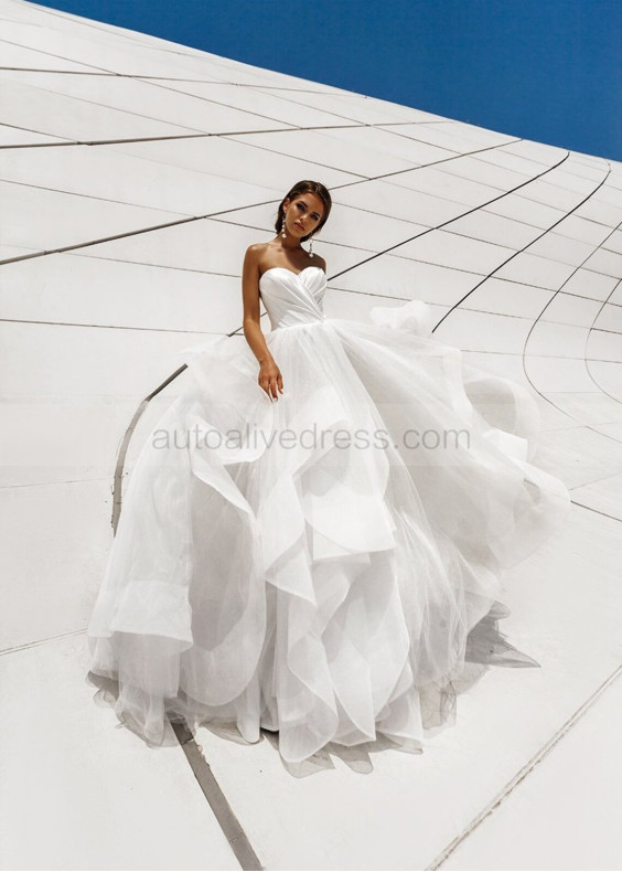 Strapless Sweetheart Ivory Satin Tulle Ruffled Queen Wedding Dress